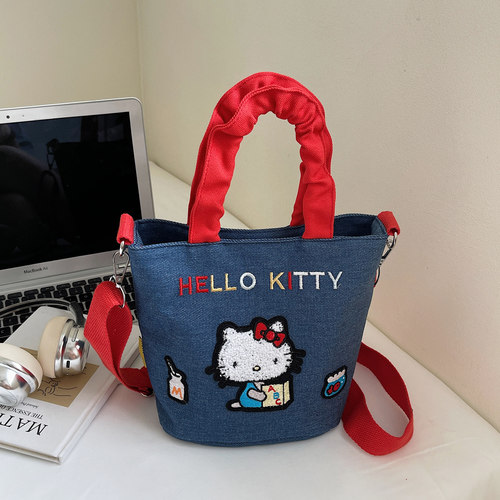 可爱刺绣kitty牛仔帆布水桶包女