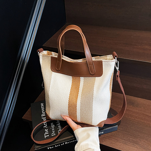 小众设计棉麻感帆布包包女手提小托特包带拉链通勤百搭单肩斜挎包