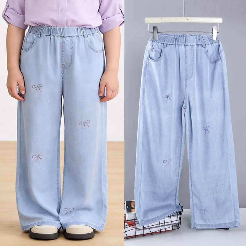 胖女童刺绣牛仔阔腿裤夏季薄款大童加肥休闲长裤浅蓝色加大女孩