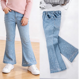 胖童女童喇叭裤牛仔裤儿童烫钻修身弹力长裤春秋浅蓝加肥加大裤子