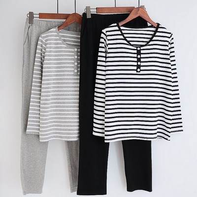 春秋纯棉睡衣女带胸垫家居服长袖长裤Bra无钢圈文胸全棉套头条纹