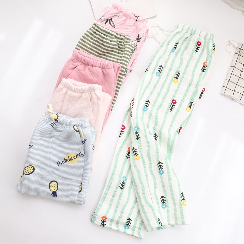 秋冬情侣纯棉睡裤女夹棉家居裤男大码加肥保暖气空调房卡通碎花