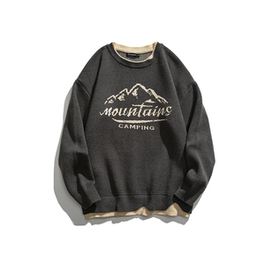 2026冬新款男日系人文风景字母印花假两件毛衣针织衫M66-F95图片