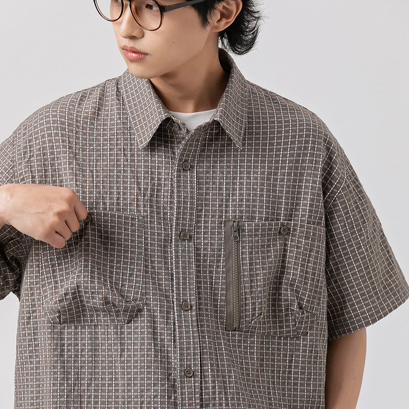 2026夏季新款男装日系原创拉链设计小格子短袖衬衫衬衣CS222-F65,男装T恤,电商A101（原外27）