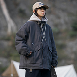 2026冬季新款男日系假两件工装连帽加厚毛呢外套棉服MY300-F195，男装棉衣，电商A101（原外27）