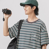 2026夏季新款男装日系原创潮牌宽松休闲条纹短袖圆领T恤T826-F50，男装T恤，电商A101（原外27）