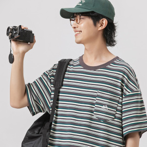 2026夏季新款男装日系原创潮牌宽松休闲条纹短袖圆领T恤T826-F50图片
