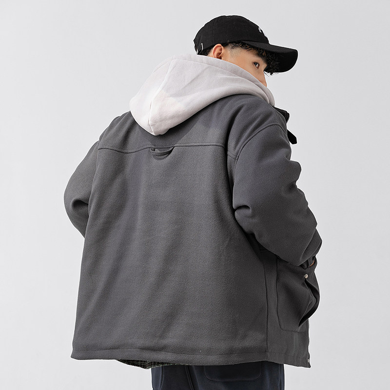 2026冬季新款男日系假两件工装连帽加厚毛呢外套棉服MY300-F195,男装棉衣,电商A101（原外27）