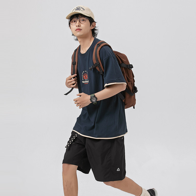 2026夏季新款男日系潮牌人文风景印花假两件短袖宽松T恤T822-F45,男装T恤,电商A101（原外27）