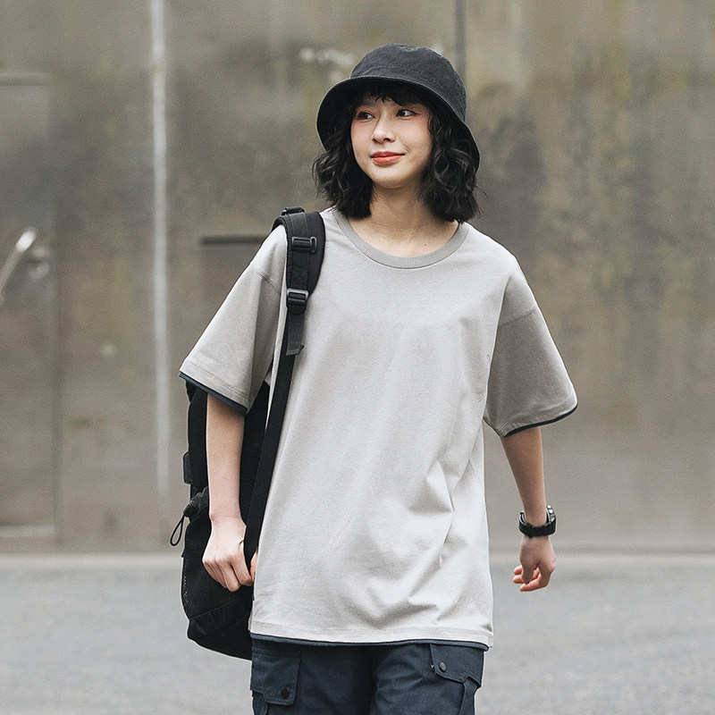 2026夏季新款男装日系原创基础款假两件纯色短袖T恤T582-F43,男装T恤,电商A101（原外27）