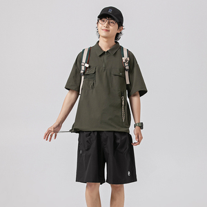 2024夏季新款男装日系抽绳装饰半拉链polo衫短袖T恤PL52-F60