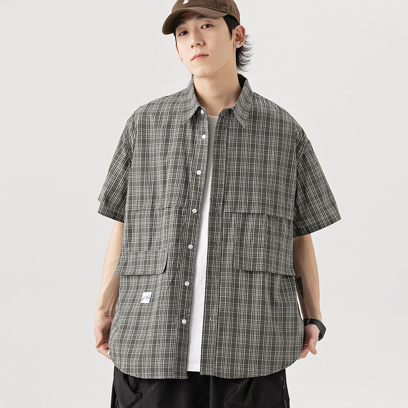 2026夏季新款男装日系原创宽松休闲小格子短袖衬衫衬衣CS208-F75,男装T恤,电商A101（原外27）
