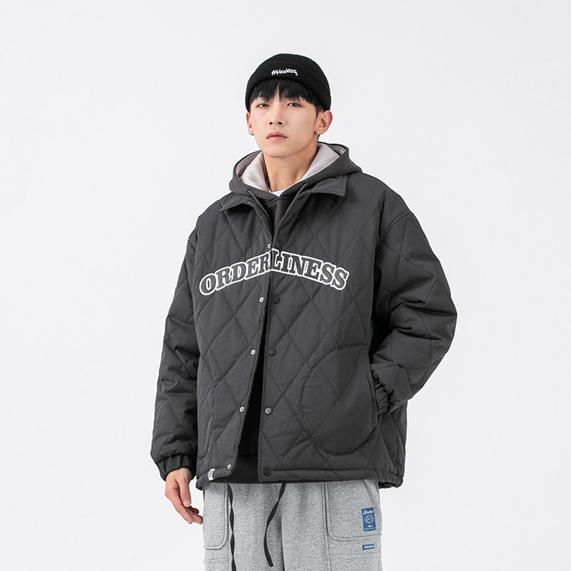 2026冬新款男日系字母刺绣菱形格翻领加厚棉衣宽松外套MY270-F155,男装棉衣,电商A101（原外27）