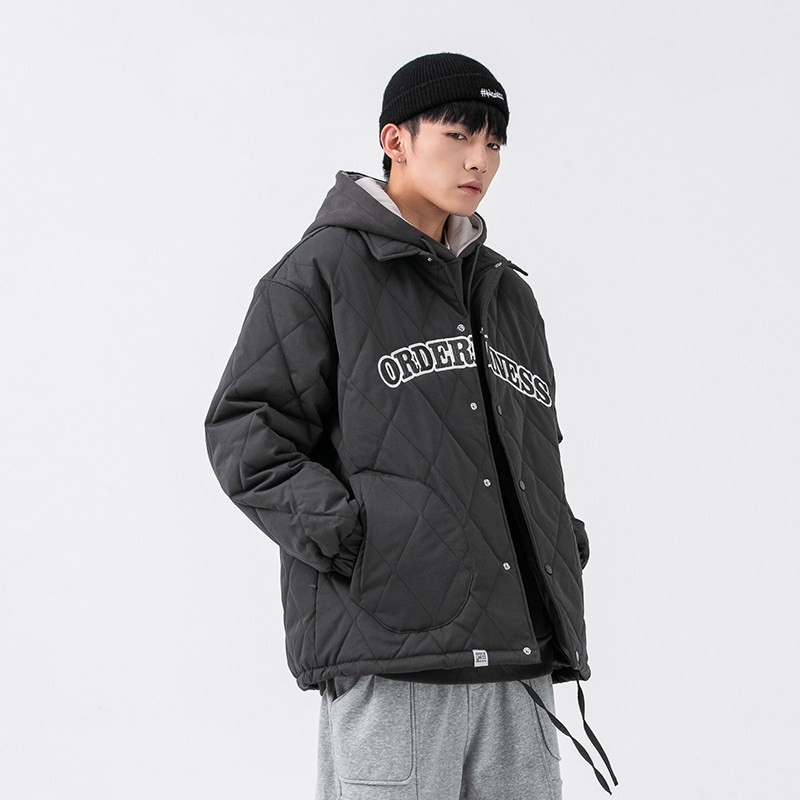 2026冬新款男日系字母刺绣菱形格翻领加厚棉衣宽松外套MY270-F155,男装棉衣,电商A101（原外27）