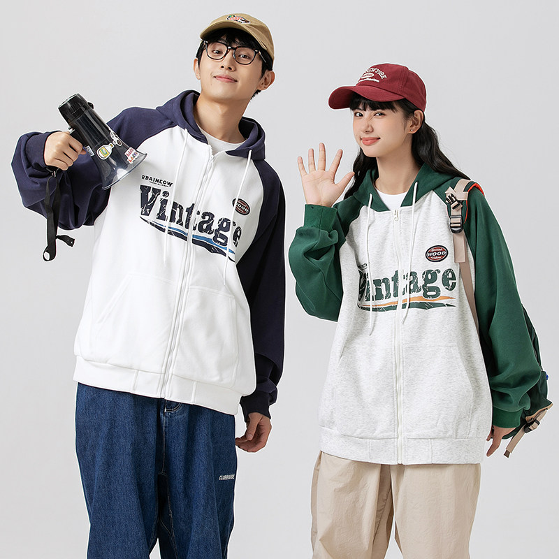2026秋季新款男日系潮牌撞色字母印花开衫连帽卫衣外套WY516-F85,女装短外套,电商A101（原外27）
