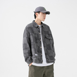 2026春季新款男装日系潮牌贴布格子牛仔外套夹克宽松JK286-F145，男装工装外套，电商A101（原外27）