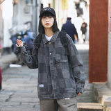 2026春季新款男装日系潮牌贴布格子牛仔外套夹克宽松JK286-F145，男装工装外套，电商A101（原外27）