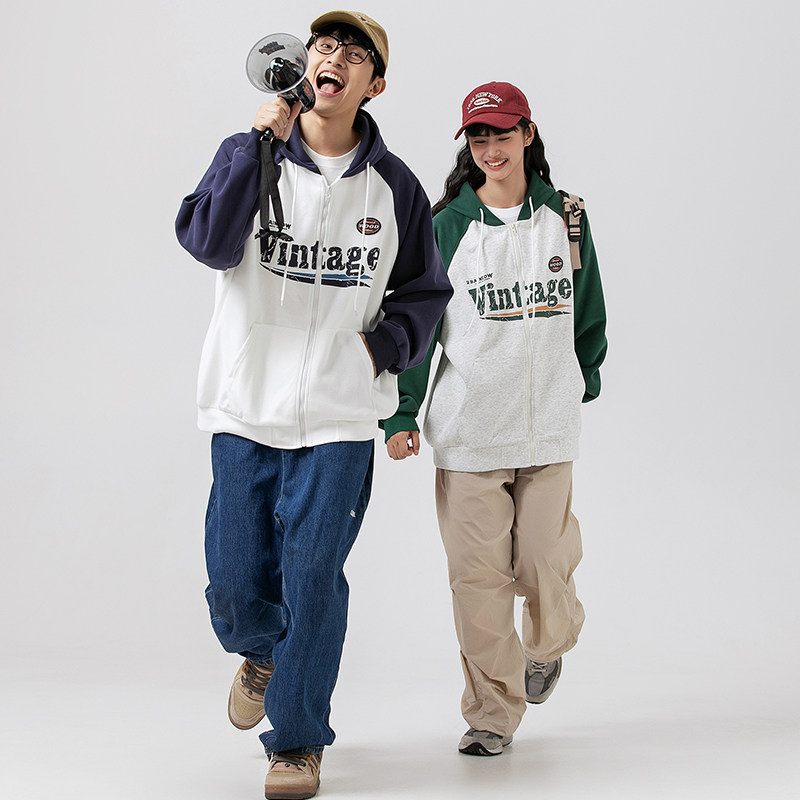 2026秋季新款男日系潮牌撞色字母印花开衫连帽卫衣外套WY516-F85，女装短外套，电商A101（原外27）