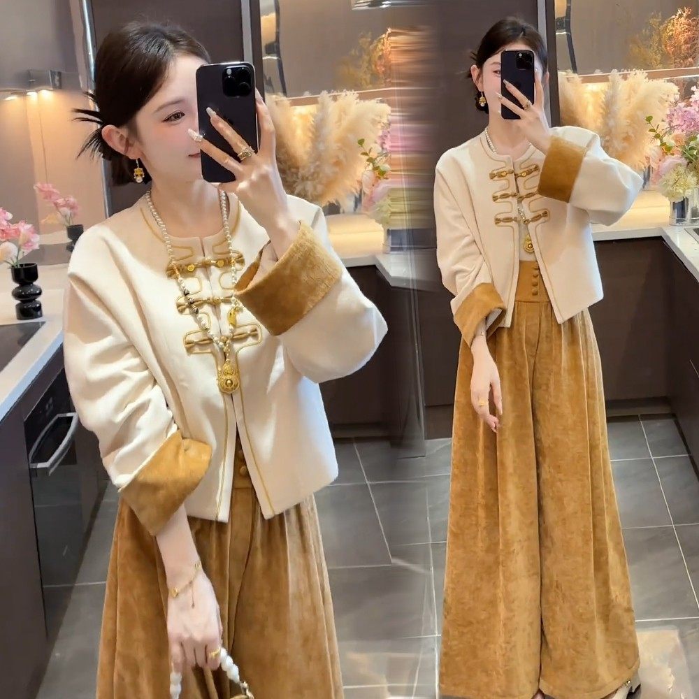 秋冬季时尚百搭加棉加厚外套女套装新中式国风气质休闲长裤两件套