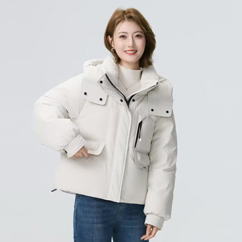 白鸭绒连帽羽绒服女2025冬季爆款韩版宽松百搭保暖加厚面包服外套