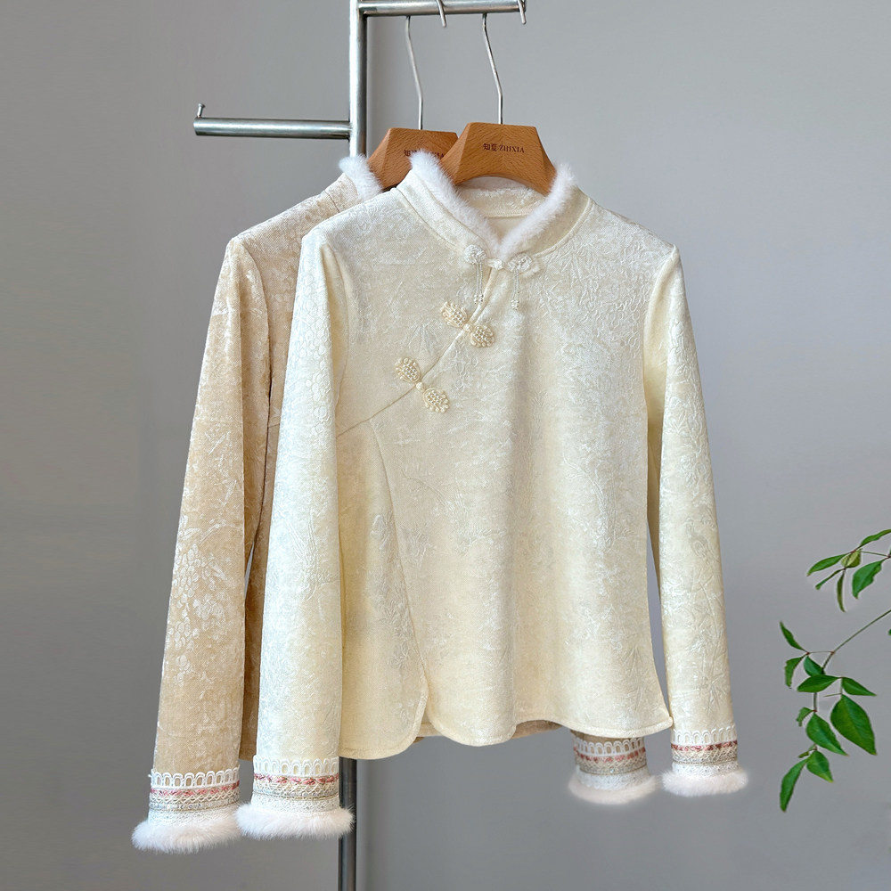 新中式加绒立领斜襟盘扣衬衫女秋冬内搭丝绒上衣加厚国风打底小衫