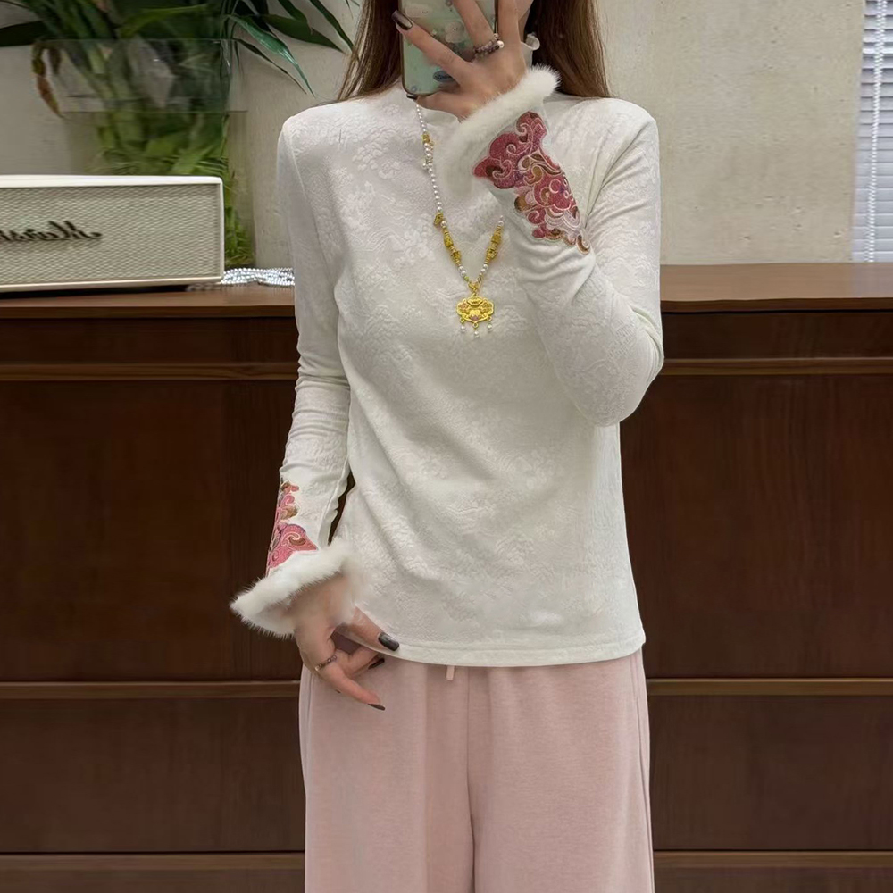 新中式加绒半高领衬衫女装秋冬内搭刺绣上衣加厚保暖国风打底小衫