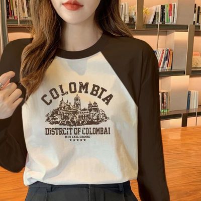 撞色棕色韩版长袖t恤女2025年秋冬新款打底衫内搭上衣小众设计感