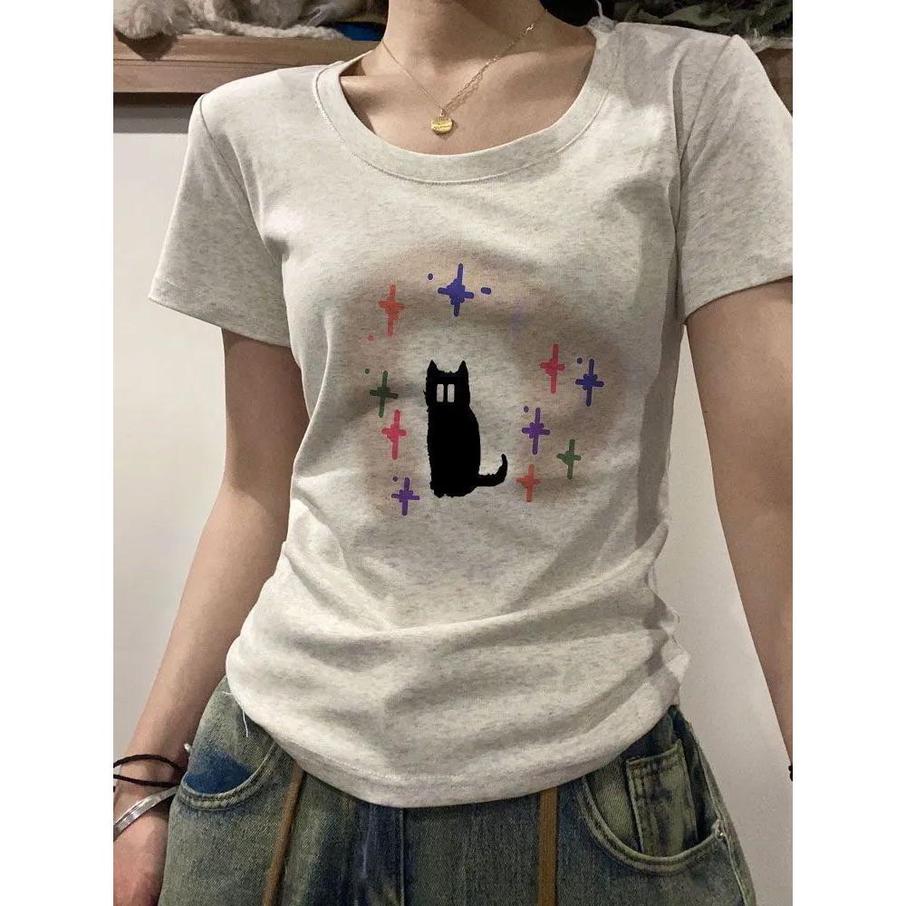 纯棉夏季新款韩版正肩圆领打底衫上衣修身百搭短袖t恤女学生收腰