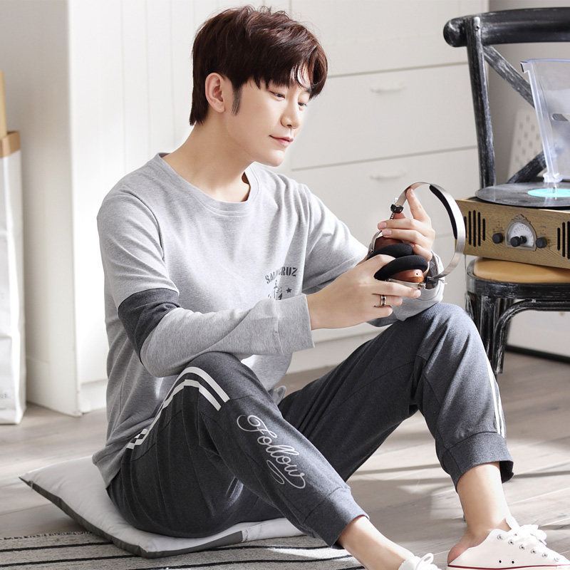 纯棉睡衣男长袖青年春秋季家居服男士针织全棉简约秋冬款居家套装