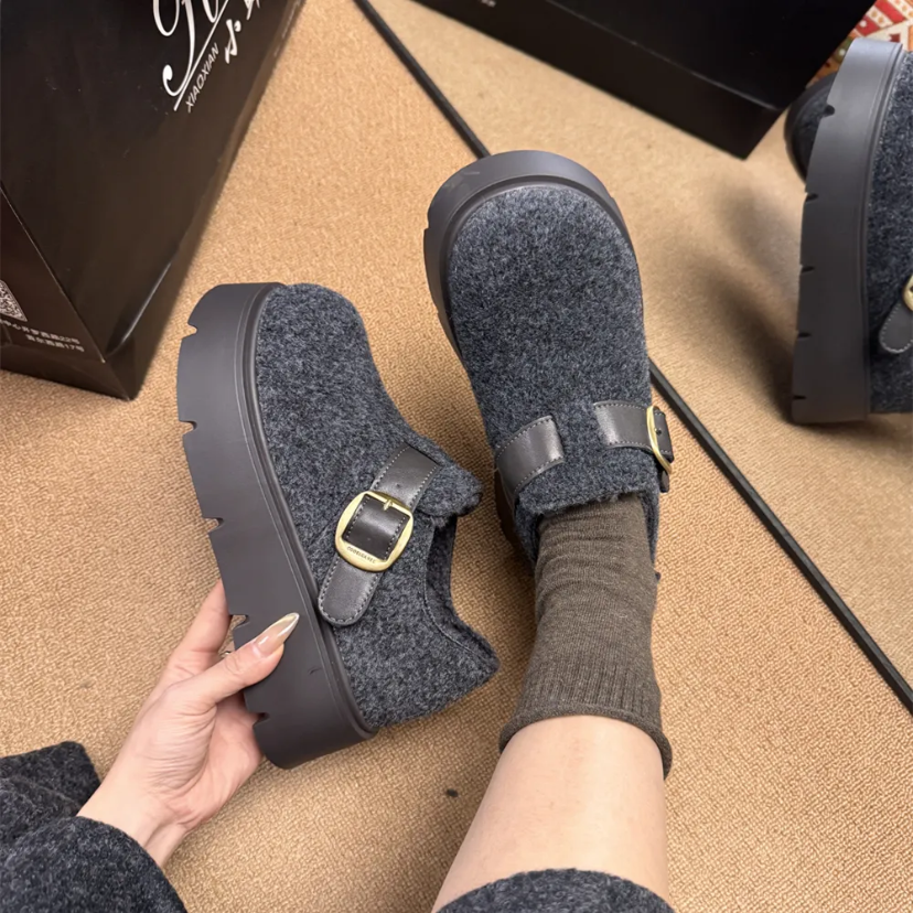 悦女鞋勃肯毛呢厚底休闲25冬款女鞋时尚百搭韩版潮鞋舒适保暖气质