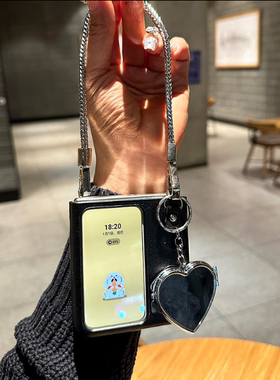 爱心镜子适用于OPPO FindN2 Flip手机壳折叠屏黑色皮质保护套手提挂绳链条创意ins风新款少女可爱防摔外壳