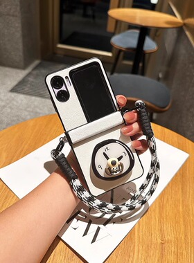 适用oppofindn3flip手机壳折叠屏N2Flip新款小狗时钟支架皮质白色手提挂绳保护套全包铰链高级感卡通防摔外壳
