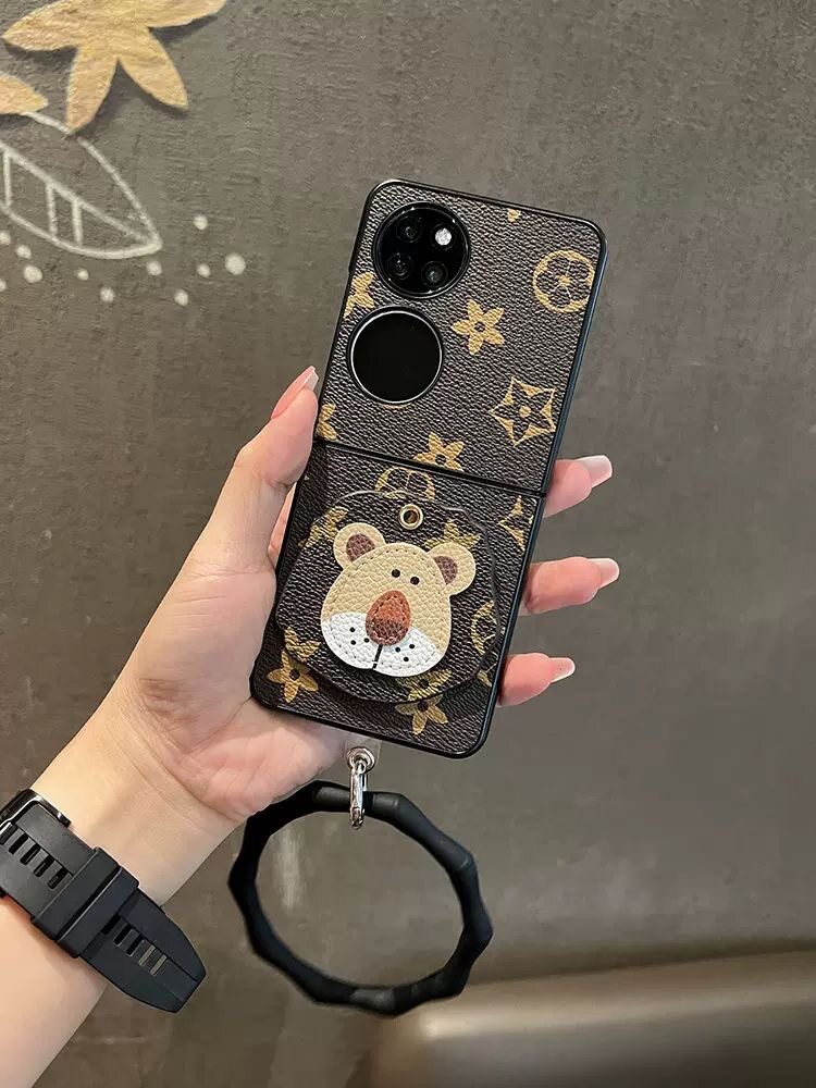 适用于华为P60pocket手机壳潮牌小狮子p50宝盒pockets折叠屏四叶草皮质保护套手提竹节圆环卡通可爱少女防摔