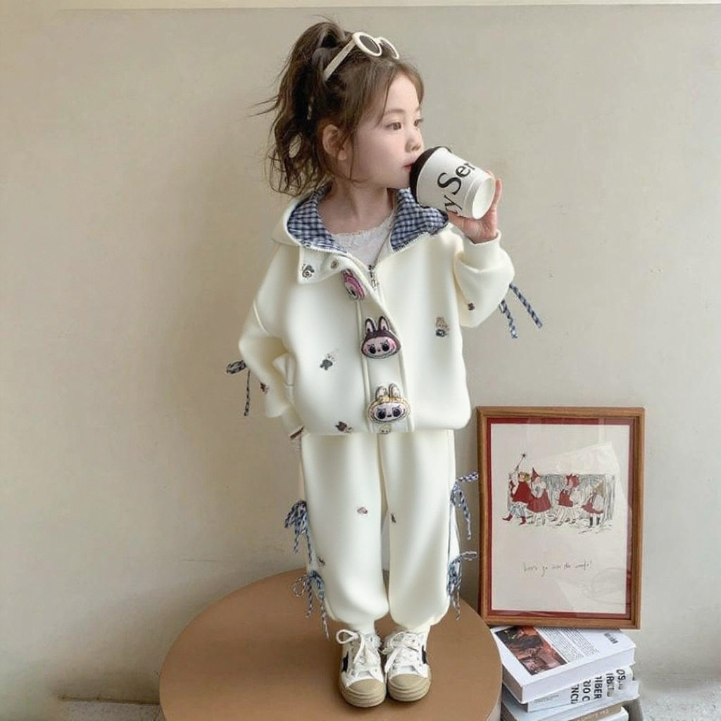 女童蝴蝶结休闲套装春季2026新款女宝卡通春秋套装儿童洋气两件套