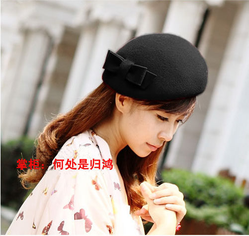 红色羊毛呢韩国韩版复古羊毛呢贝雷蓓蕾帽侧边蝴蝶结礼仪帽子女