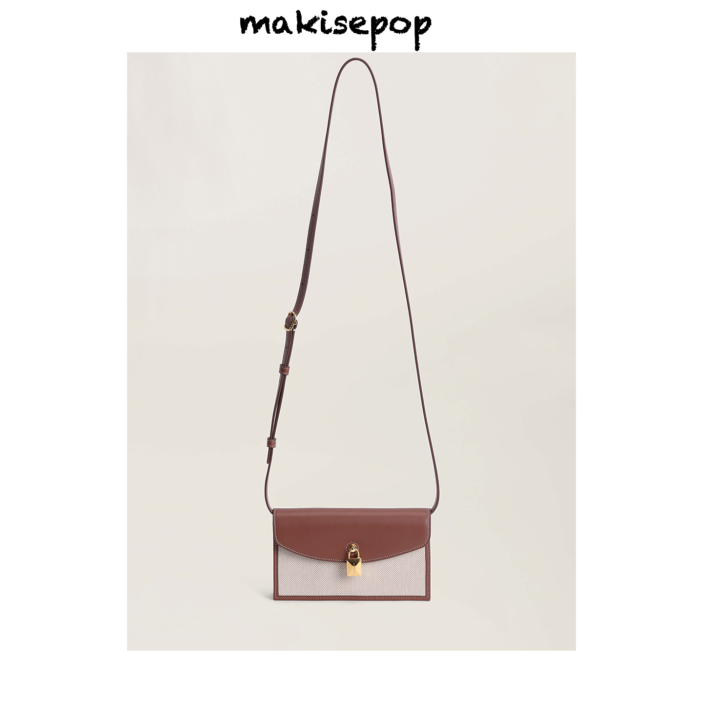 makisepop原皮lp新款亚麻拼接牛皮信封包锁头小方包单肩斜挎女包