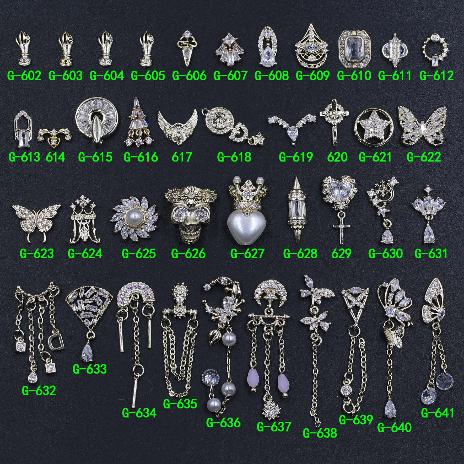 新款美甲饰品罗马吊坠奢华锆石钻石超闪亮佛手骷髅头彩虹吊链子