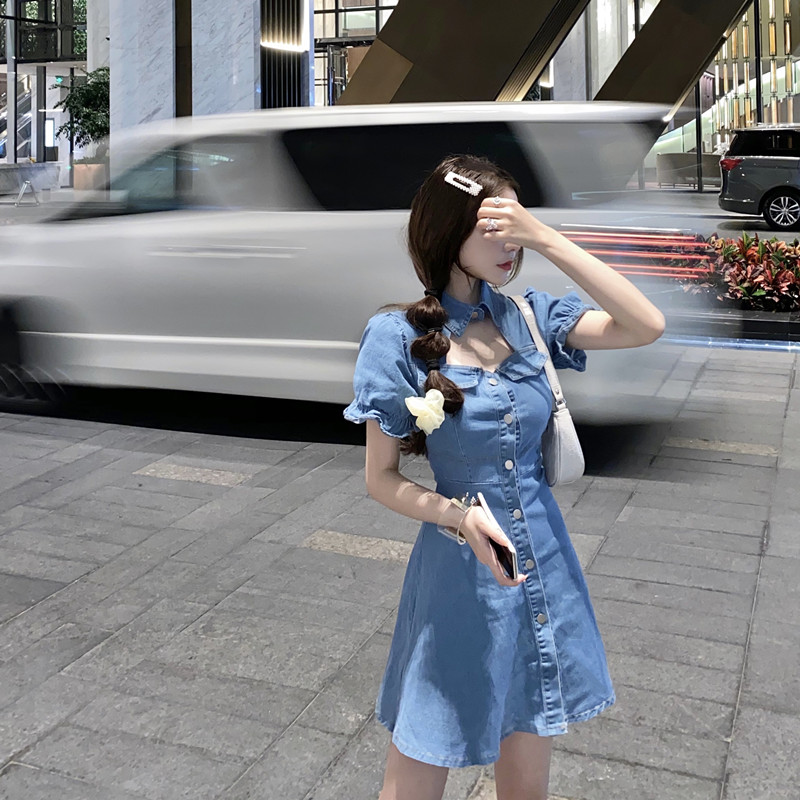 實拍實價性感鏤空泡泡袖連衣裙女夏收腰顯瘦小個子牛仔裙
