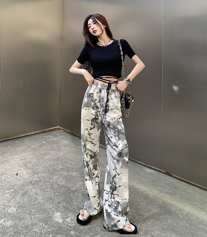 Real price bandage T-shirt + tie dyed jeans High Waist Wide Leg Pants show thin show high loose straight pants