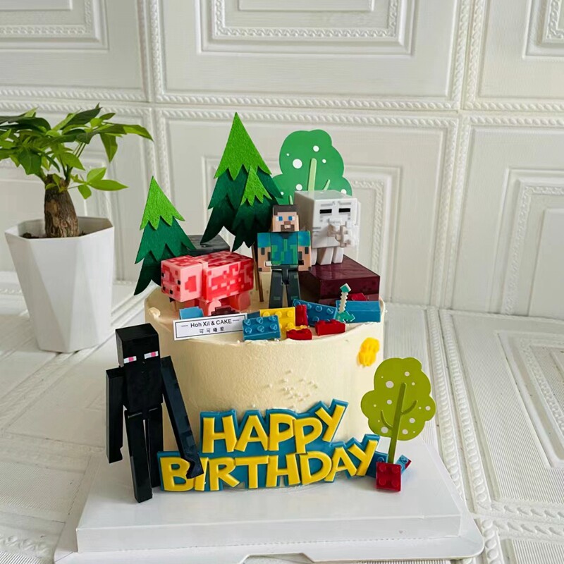 我的世界蛋糕摆件积木摆件装饰方块人小方块人偶摆件装饰像素玩偶
