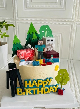 我的世界蛋糕摆件积木摆件装饰方块人小方块人偶摆件装饰木影人