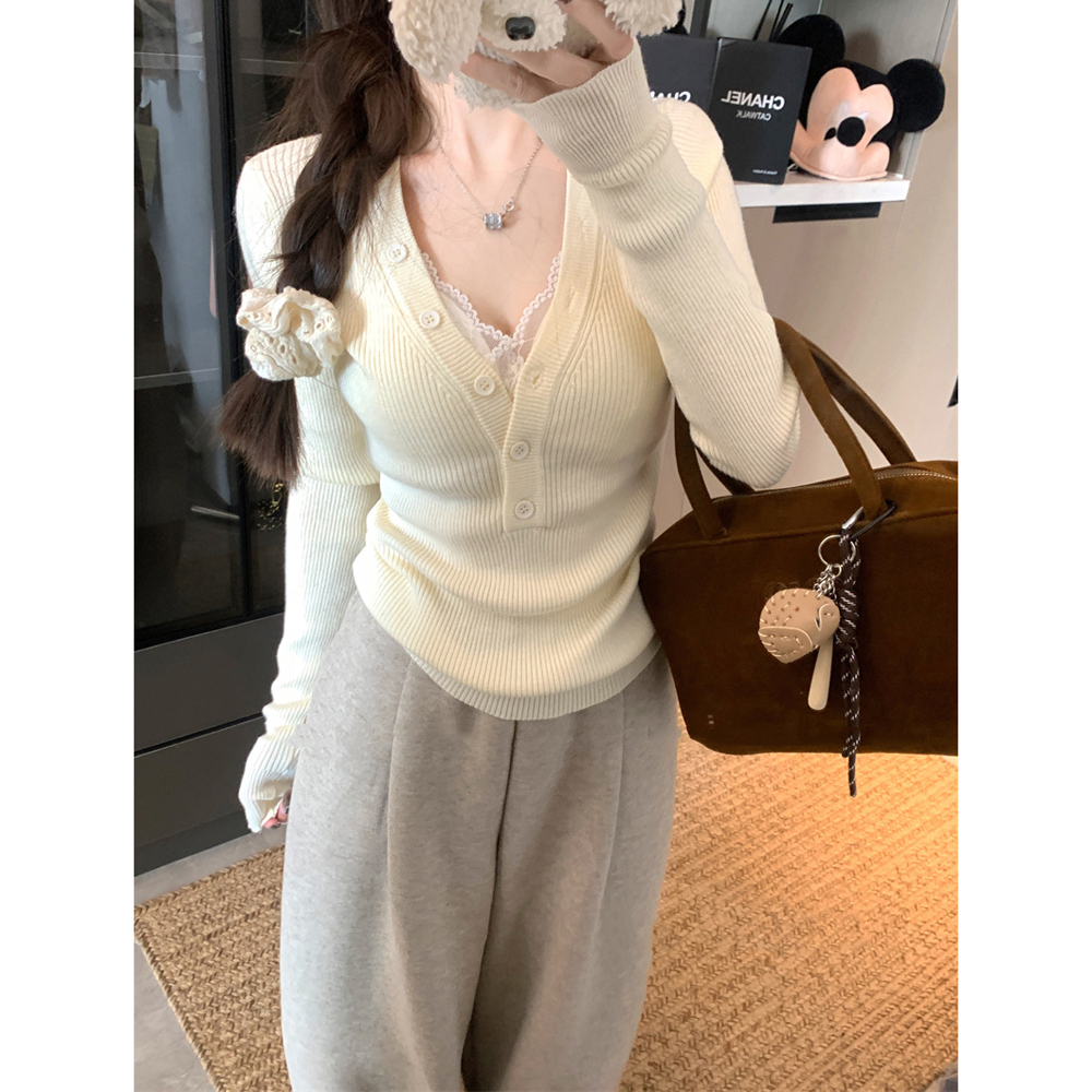 性感深v领纯欲针织衫上衣女秋冬纽扣半开领紧身长袖打底内搭毛衣