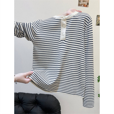 秋冬美式复古高级感可外穿条纹长袖打底针织衫上衣宽松内搭毛衣女