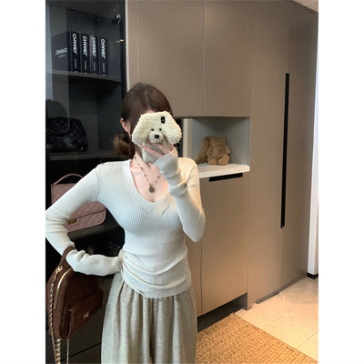 春秋冬v领修身紧身长袖打底针织衫上衣高级感纯欲辣妹内搭毛衣女