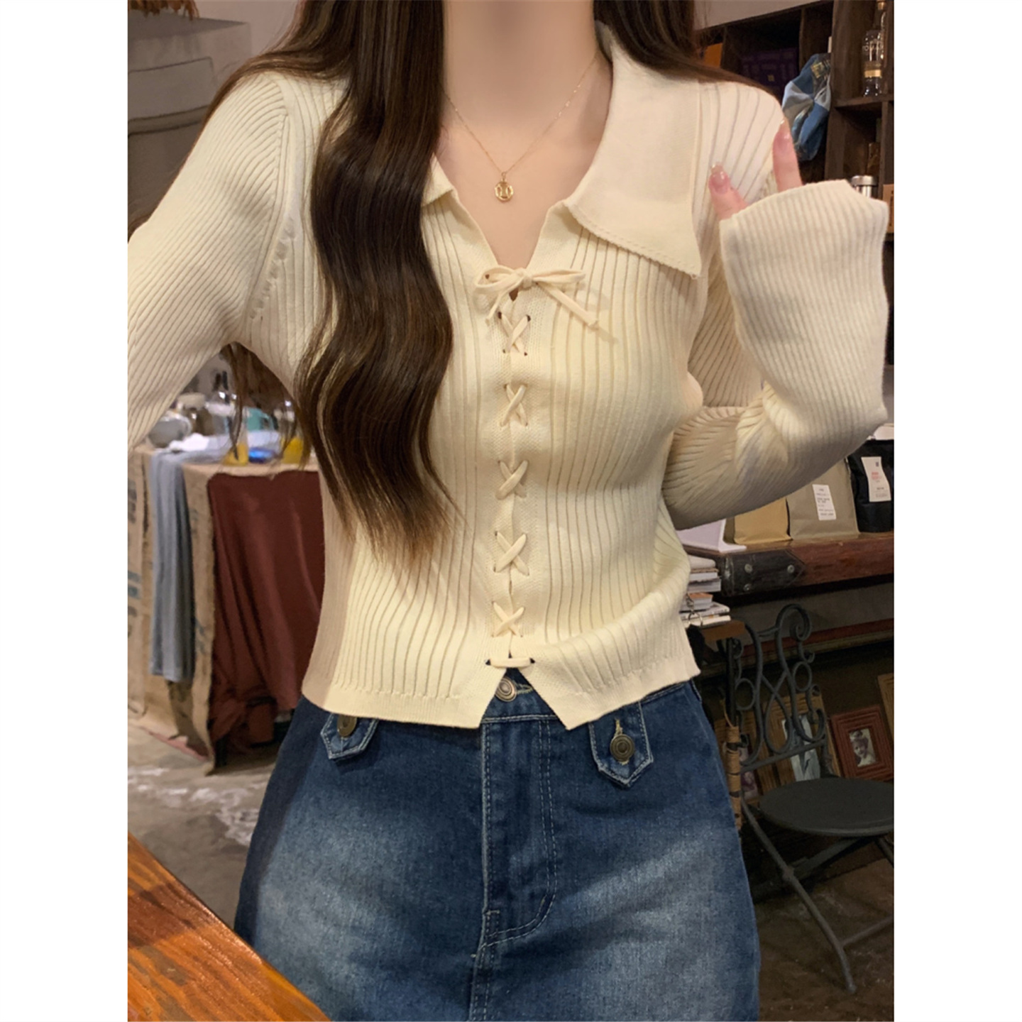 韩系Polo领针织衫女春秋冬季新款设计感小众短款小个子毛衣打底衫