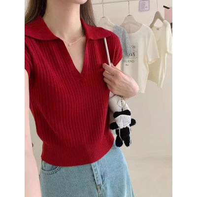 polo领正肩红色t恤女短袖夏季法式v领修身短款小个子坑条针织上衣