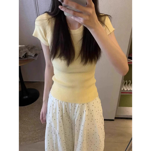 显瘦收腰针织衫 正肩黄色t恤女短袖 辣妹圆领修身 夏季 上衣 纯欲美式