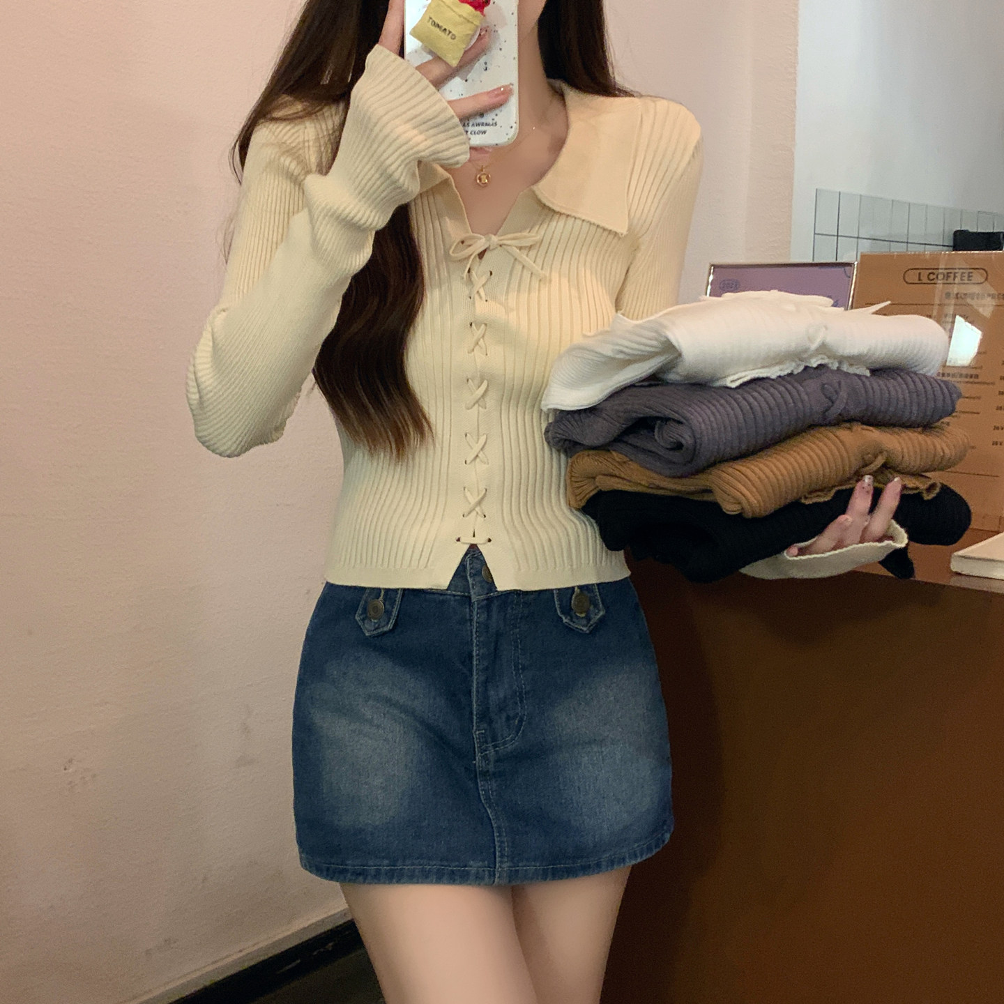 Polo领针织衫女春秋冬季韩系小个子短款上衣修身内搭长袖打底毛衣