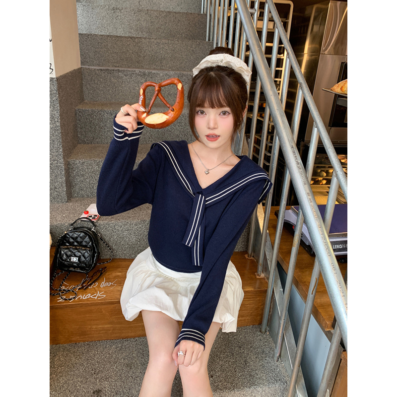 韩系学院风v领绑带披肩长袖针织打底衫女秋季新款内搭t恤宽松上衣