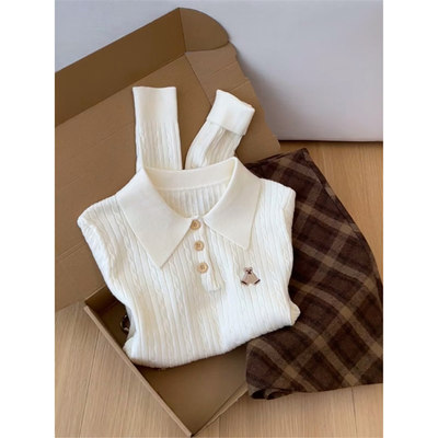 白色Polo领针织衫女上衣春秋冬季新款韩系学院风刺绣小熊开衫毛衣